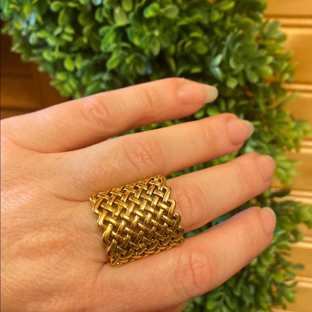 Large Woven Gold Tone Ring Size 7.5